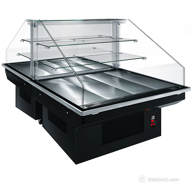 Commercial Refrigerated Display Case With Glass Cover Multiple Shelves And Metal Countertop Black Base 3d model 