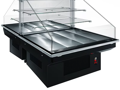 Commercial Refrigerated Display Case With Glass Cover Multiple Shelves And Metal Countertop Black Base 3d model