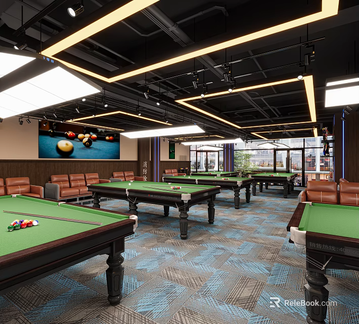 Billiard Room Interior With Green Tables Sofa Seats And Ceiling Lights 3d model 