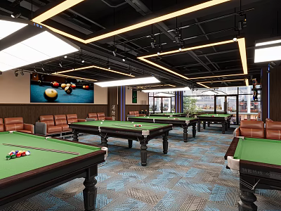 Billiard Room Interior With Green Tables Sofa Seats And Ceiling Lights 3d model