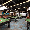 Billiard Room Interior With Green Tables Sofa Seats And Ceiling Lights 3d model