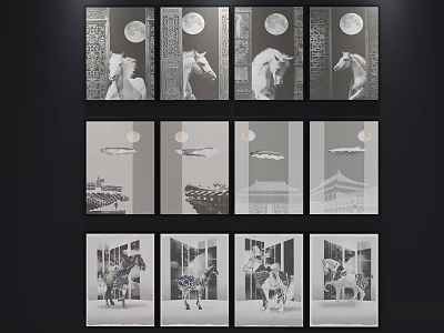 Framed Monochrome Animal Paintings With Moon Elements On Gallery Wall Collection 3d model