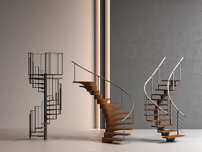 Modern metal revolving staircase metal wood handrail wrought iron 3d model