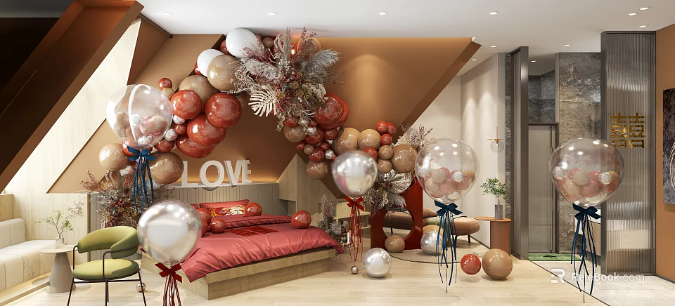 Hotel Room Decorated With Red Gold Silver Balloon Arch LOVE Sign And Red Bed Decorations 3d model 