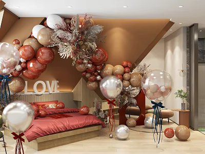 Hotel Room Decorated With Red Gold Silver Balloon Arch LOVE Sign And Red Bed Decorations 3d model