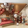Hotel Room Decorated With Red Gold Silver Balloon Arch LOVE Sign And Red Bed Decorations
