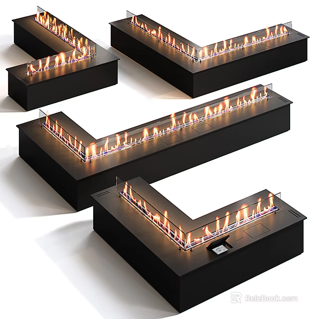 Modern Black Linear Fireplace Design With Glass Panel And Burning Flame 3d model 