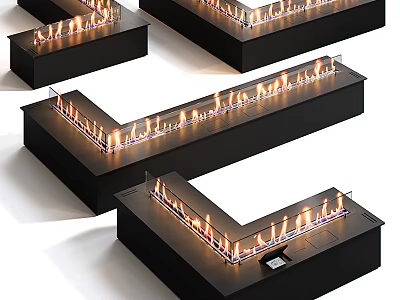 Modern Black Linear Fireplace Design With Glass Panel And Burning Flame 3d model