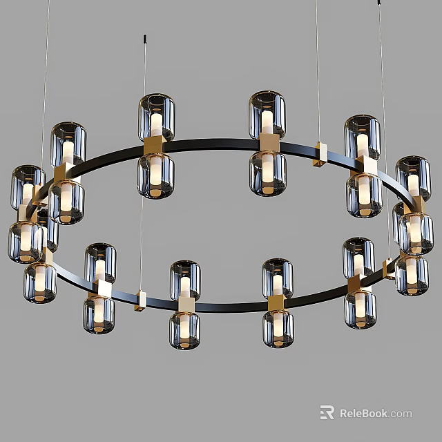 Modern Circular Chandelier With Black And Gold Metal Frame And Glass Cylinders 3d model 