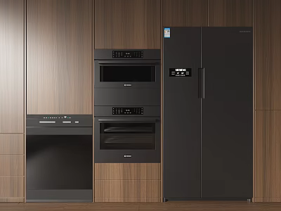 Modern Built In Kitchen Appliances With Dishwasher Double Door Refrigerator And Wooden Cabinets 3d model
