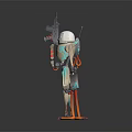 Sci Fi Robot Character With Skeleton Structure White Dome Head Gun Mechanical Parts And Orange Energy Effects