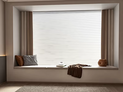 Cozy Modern Window Seat with Beige Curtains Blinds Decorative Pillows and Warm Blanket 3d model