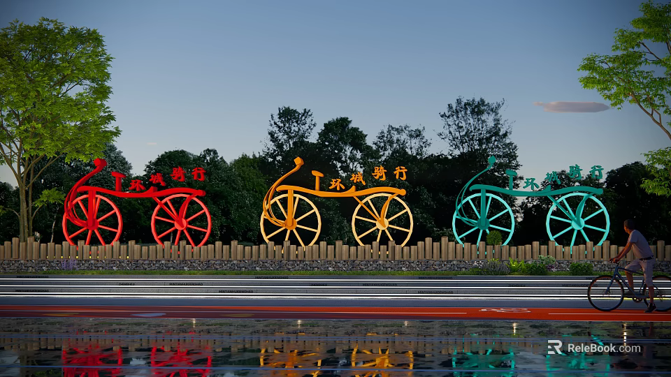 Colorful Rickshaw Sculptures Lined Along Road With Trees And Water Reflection 3d model 