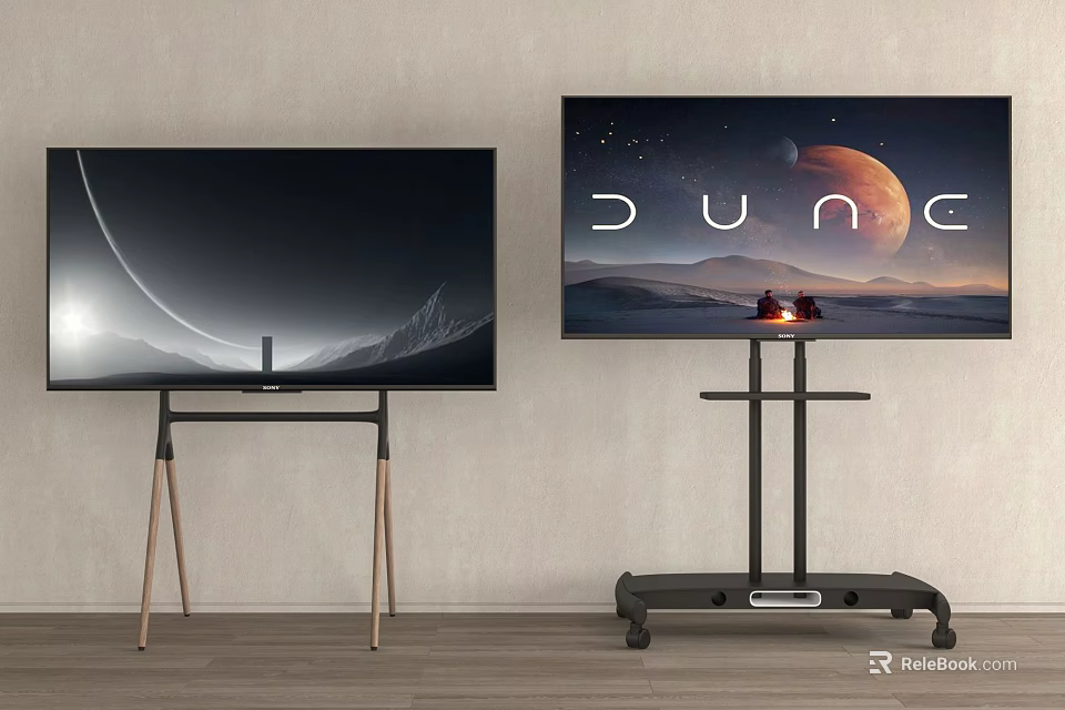 Two Flat Screen TVs With Wooden And Mobile Stands In Room 3d model 