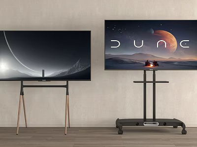Two Flat Screen TVs With Wooden And Mobile Stands In Room 3d model