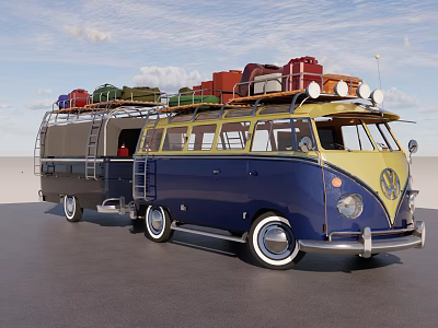 Classic Blue And Yellow Vintage Volkswagen Bus With Luggage On Roof For Travel 3d model