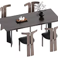 Dark Wooden Rectangular Dining Table Set with Four Chairs and Decorative Tray Candles Black Vase 3d model