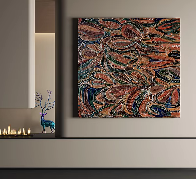 Vibrant Abstract Painting With Swirling Patterns Wall Decor Beside Fireplace Deer Ornament And Candles 3d model