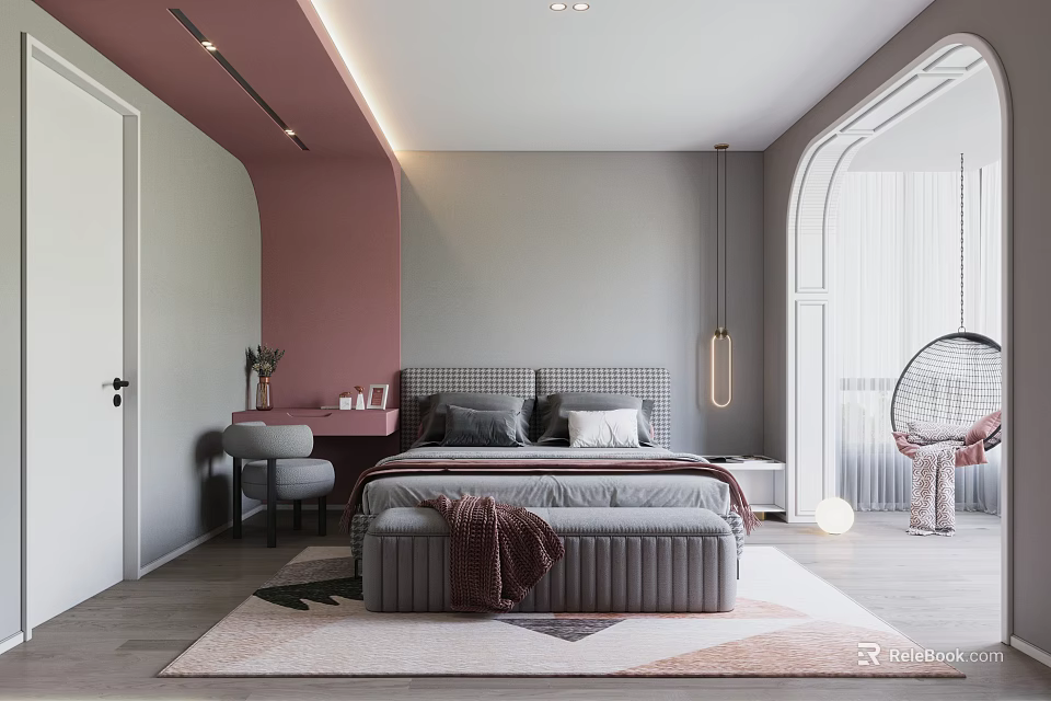 Modern Bedroom Interior Design With Pink Accent Wall Gray Upholstered Bed And Area Rug 3d model 