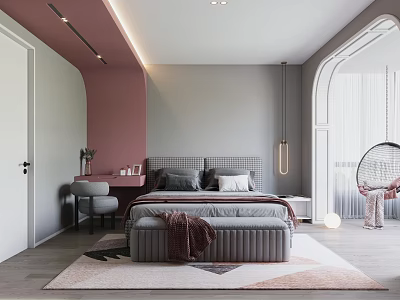 Modern Bedroom Interior Design With Pink Accent Wall Gray Upholstered Bed And Area Rug 3d model