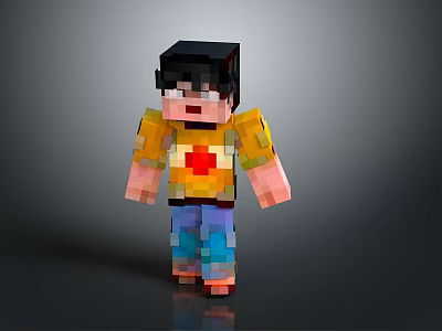 Pixel Art Train Character Wearing Yellow Shirt With Red Heart And Blue Pants 3d model