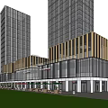 Modern Commercial Street With Glass Facades Wooden Accents Outdoor Seating Parasols And Green Lawn