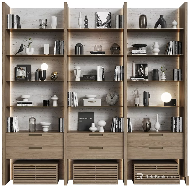 Modern Wooden Shelving Unit With Drawers Books Decorative Items And Lighting For Home Decor 3d model 