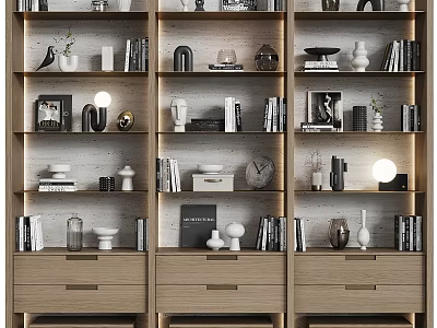 Modern Wooden Shelving Unit With Drawers Books Decorative Items And Lighting For Home Decor 3d model