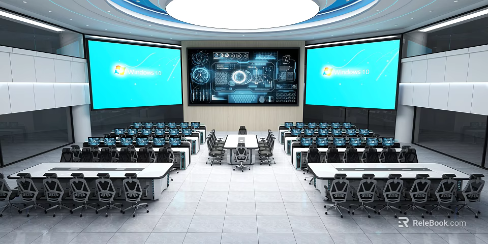 Modern Control Room Design With Large Screens Technical Interfaces And Control Consoles 3d model 