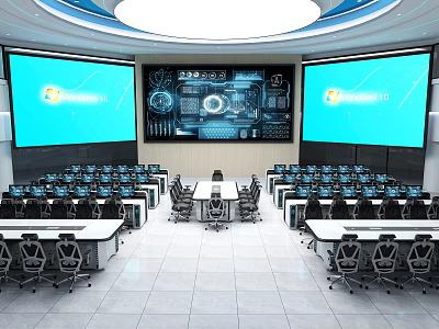 Modern Control Room Design With Large Screens Technical Interfaces And Control Consoles 3d model