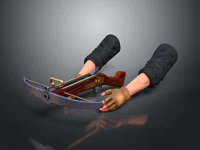 Game Movie Character Hands In Brown Gloves Holding Wooden Metal Crossbow 3d model