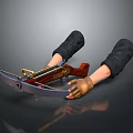 Game Movie Character Hands In Brown Gloves Holding Wooden Metal Crossbow