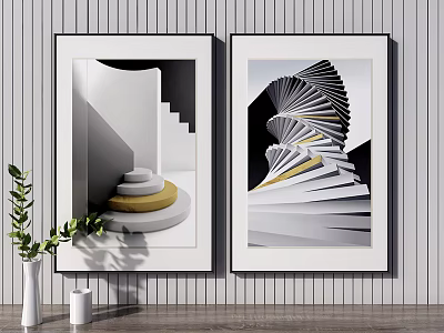 Modern Interior Decor With Geometric Paintings Spiral Structure Circular Stacks Green Plant And Vase 3d model