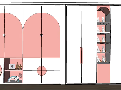 Modern Pink And White Wardrobe Design With Circular Patterns Drawers And Shelves 3d model