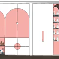 Modern Pink And White Wardrobe Design With Circular Patterns Drawers And Shelves 3d model
