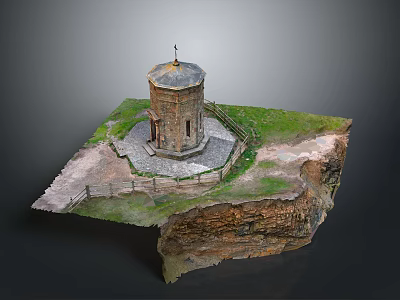 Miniature Round Tower Scenery With Spire Grass Base Fence And Rocky Structure 3d model