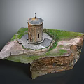 Miniature Round Tower Scenery With Spire Grass Base Fence And Rocky Structure