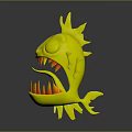 3D Cartoon Fish Character With Green Body Orange Fins Spiky Spines And Sharp Teeth