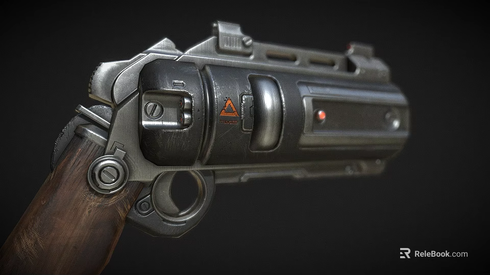 Highly Detailed Mechanical Revolver With Metal Components Wooden Grip Warning Triangle And Red Indicator 3d model 