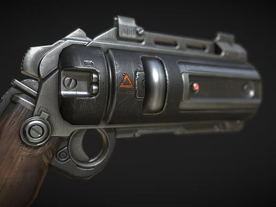 Highly Detailed Mechanical Revolver With Metal Components Wooden Grip Warning Triangle And Red Indicator 3d model