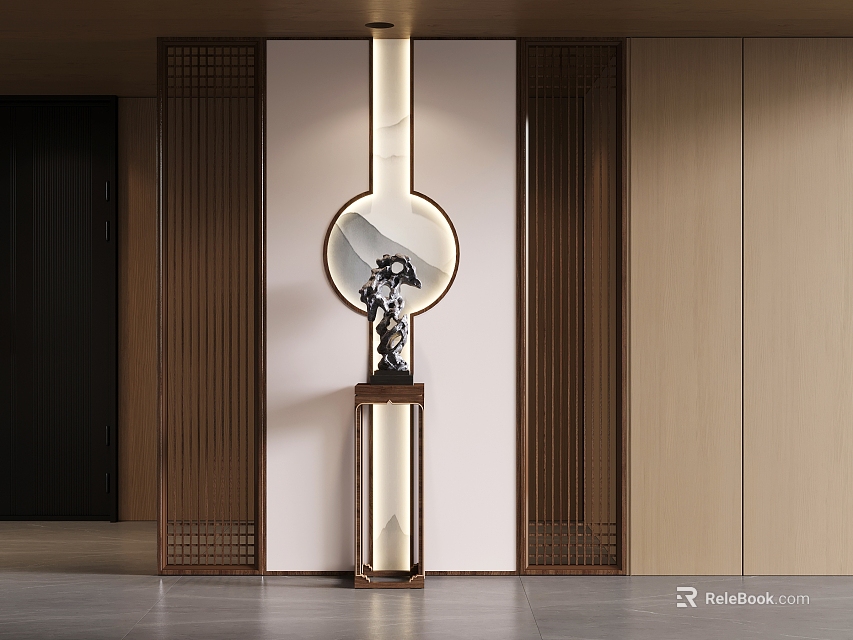 Elegant Entryway Console Table And Side Cabinet Design With Round Decorative Art Wooden Frames And Lighting 3d model 