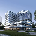 Modern Office Building With Curved Glass Facade Greenery Waterfront And Sidewalk People Walking