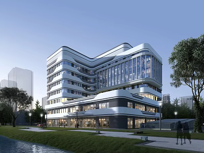Modern Office Building With Curved Glass Facade Greenery Waterfront And Sidewalk People Walking 3d model