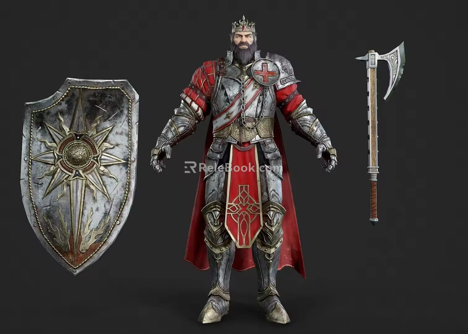 Realistic Ancient King Realistic King Leader Ancient Medieval Crown Axe Shield Armor Movie Game 3d model
