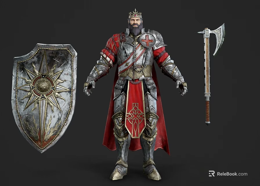 Fantasy Game Knight Character In Metallic Armor With Red Cape Shield And Battle Axe Design 3d model 