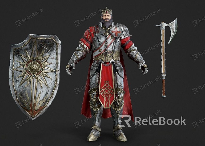 Realistic Ancient King Realistic King King Leader Ancient Medieval Crown Axe Shield Armor Movie Game model