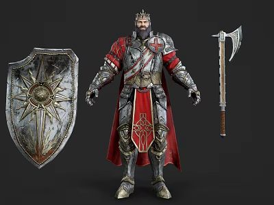 Fantasy Game Knight Character In Metallic Armor With Red Cape Shield And Battle Axe Design 3d model