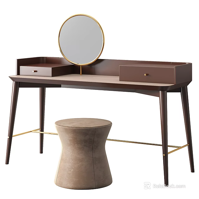 Modern Dark Wooden Dressing Table With Round Gold Frame Mirror Drawers And Beige Upholstered Stool 3d model 