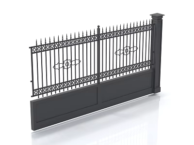 Black Wrought Iron Double Panel Gate With Decorative Spiked Top And Intricate Patterns 3d model