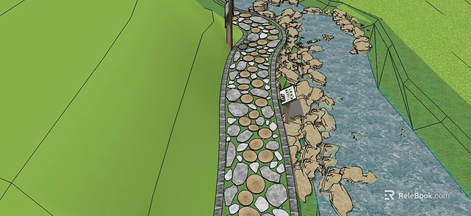 Cobblestone Roadside Path With Water Stream And Green Grass Surrounding Stones 3d model 